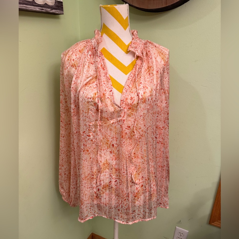 H&M Striped Satin Floral Ruffle Mockneck Blouse SZ L